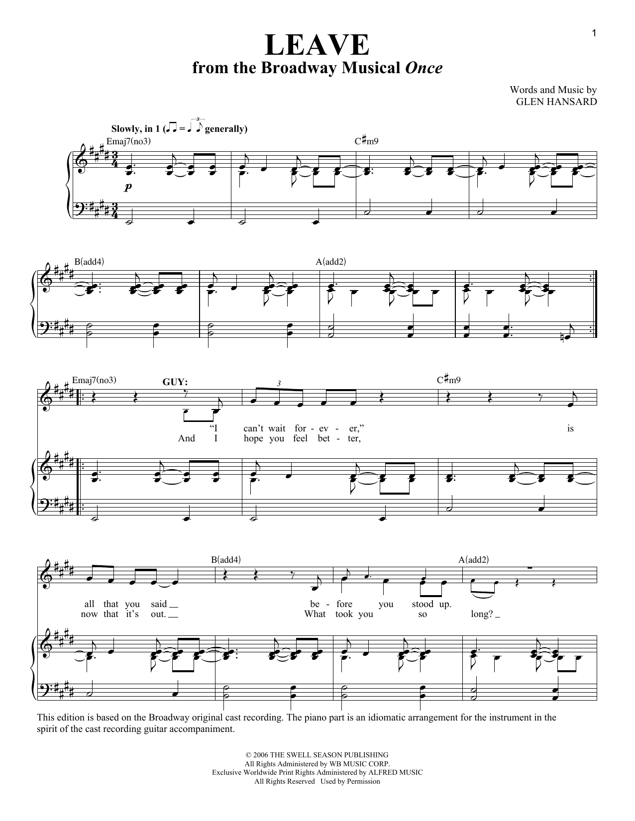 Glen Hansard Leave Sheet Music Notes & Chords for Piano & Vocal - Download or Print PDF