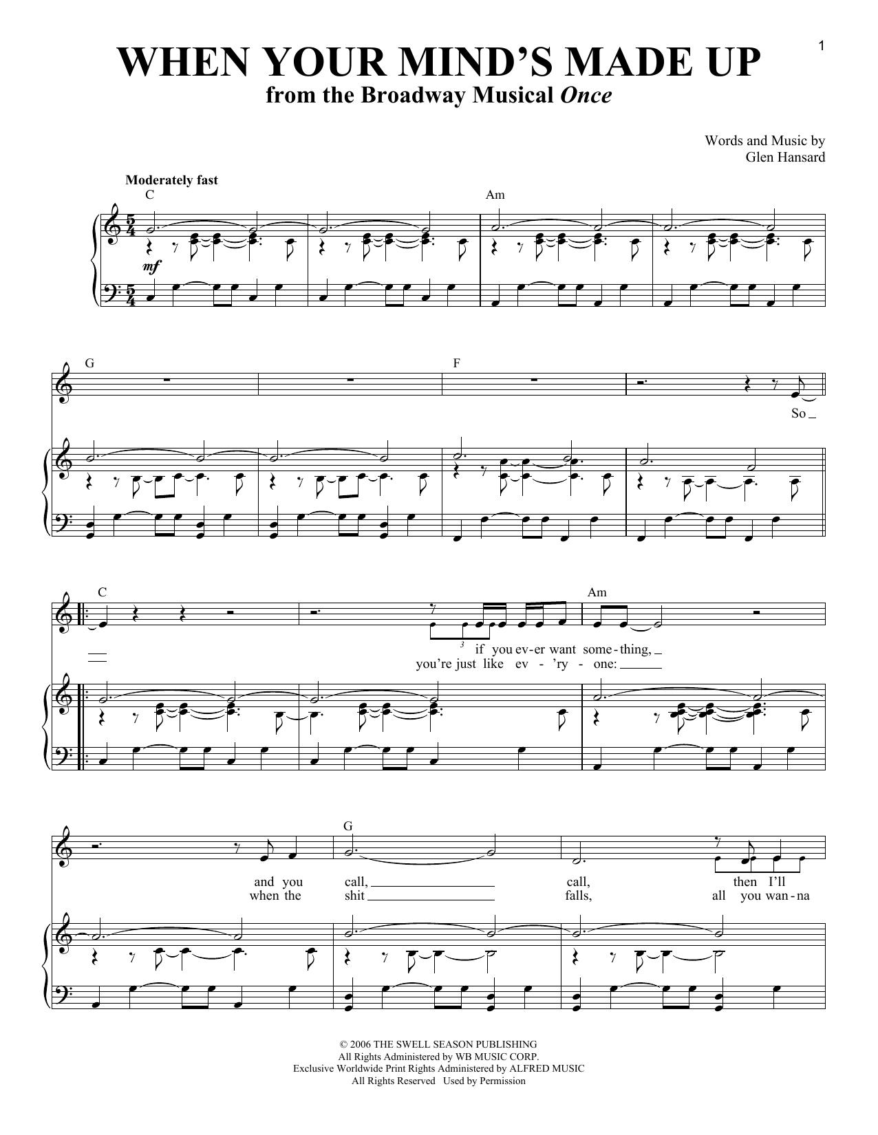 Glen Hansard When Your Mind's Made Up Sheet Music Notes & Chords for Piano & Vocal - Download or Print PDF