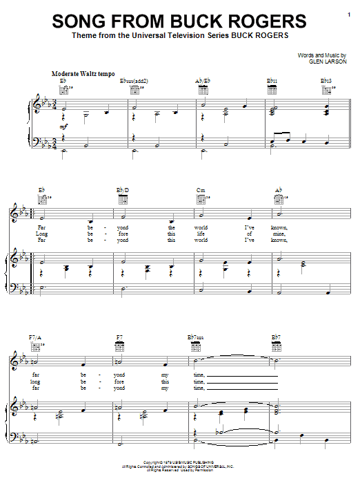 Glen Larson Song From Buck Rogers Sheet Music Notes & Chords for Piano, Vocal & Guitar (Right-Hand Melody) - Download or Print PDF