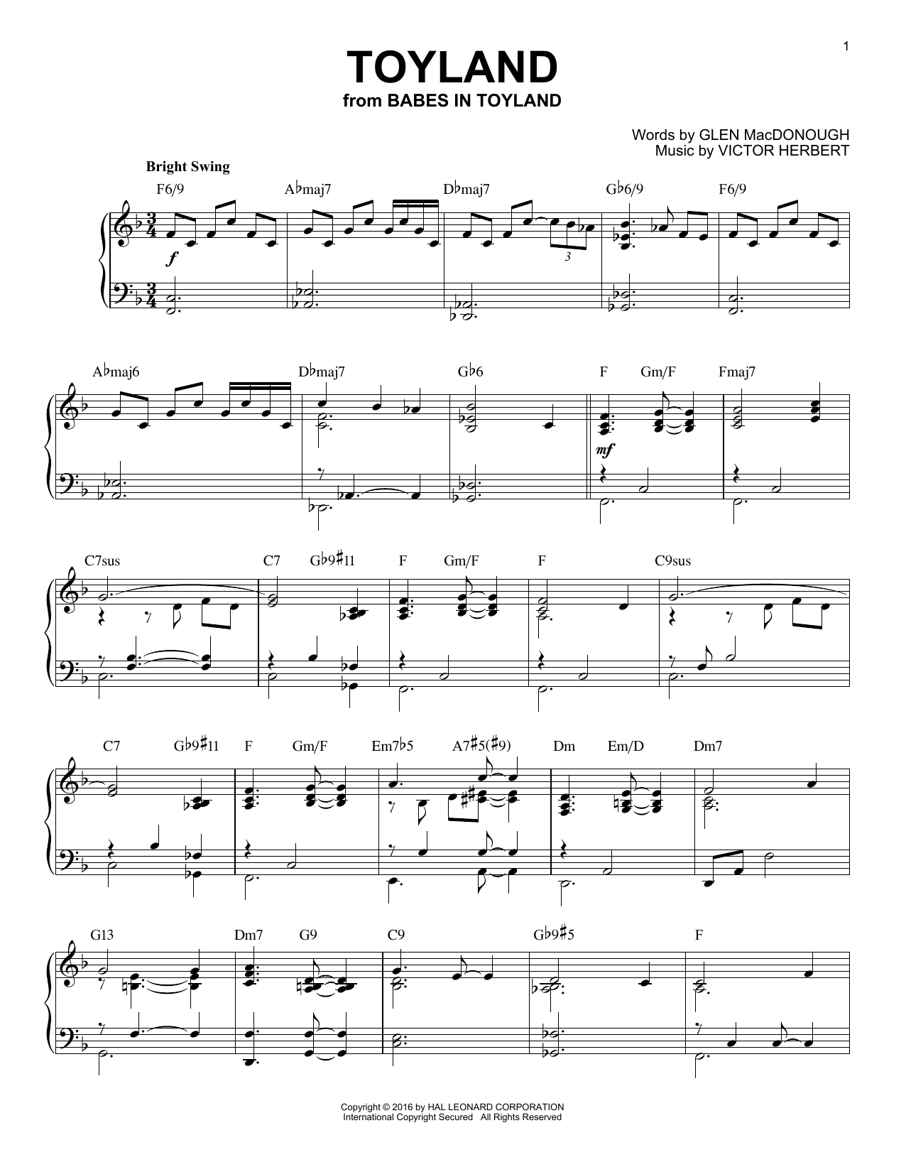 Glen MacDonough Toyland [Jazz version] (arr. Brent Edstrom) Sheet Music Notes & Chords for Piano - Download or Print PDF