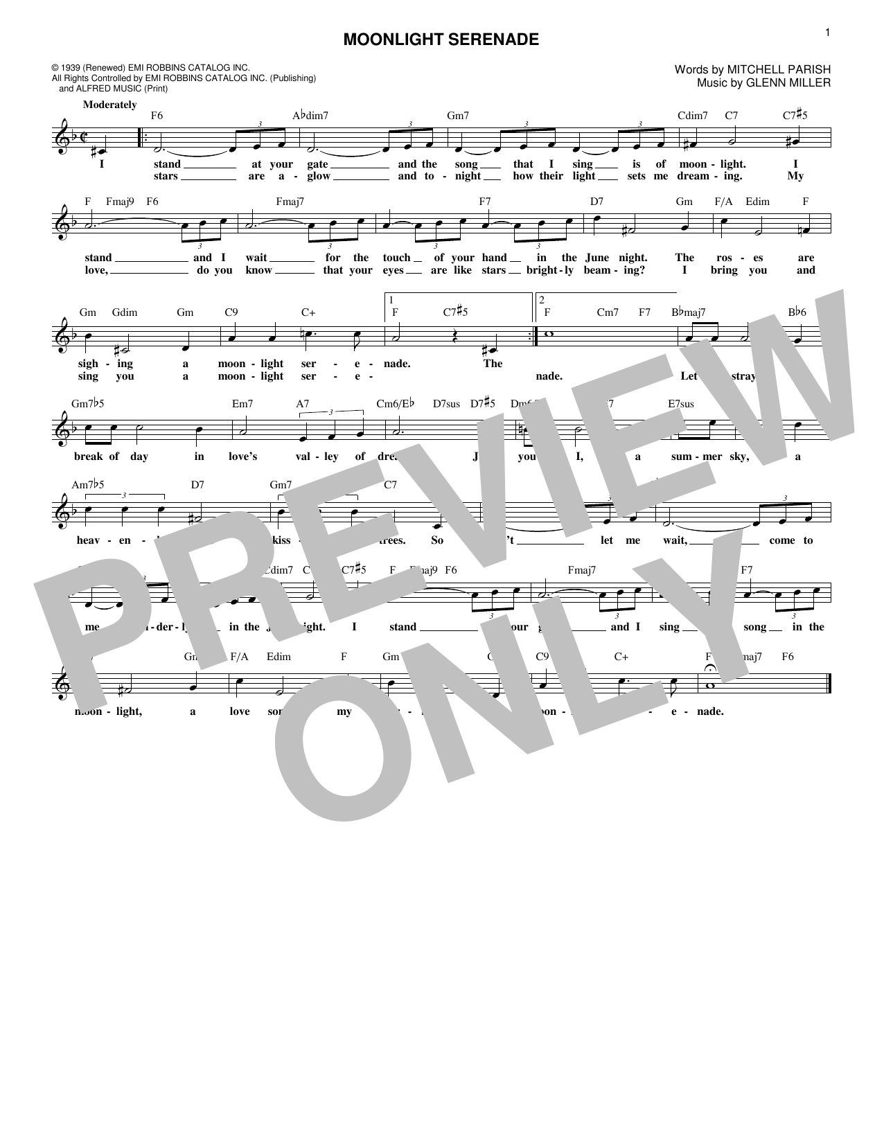 Glen Miller Moonlight Serenade Sheet Music Notes & Chords for Melody Line, Lyrics & Chords - Download or Print PDF