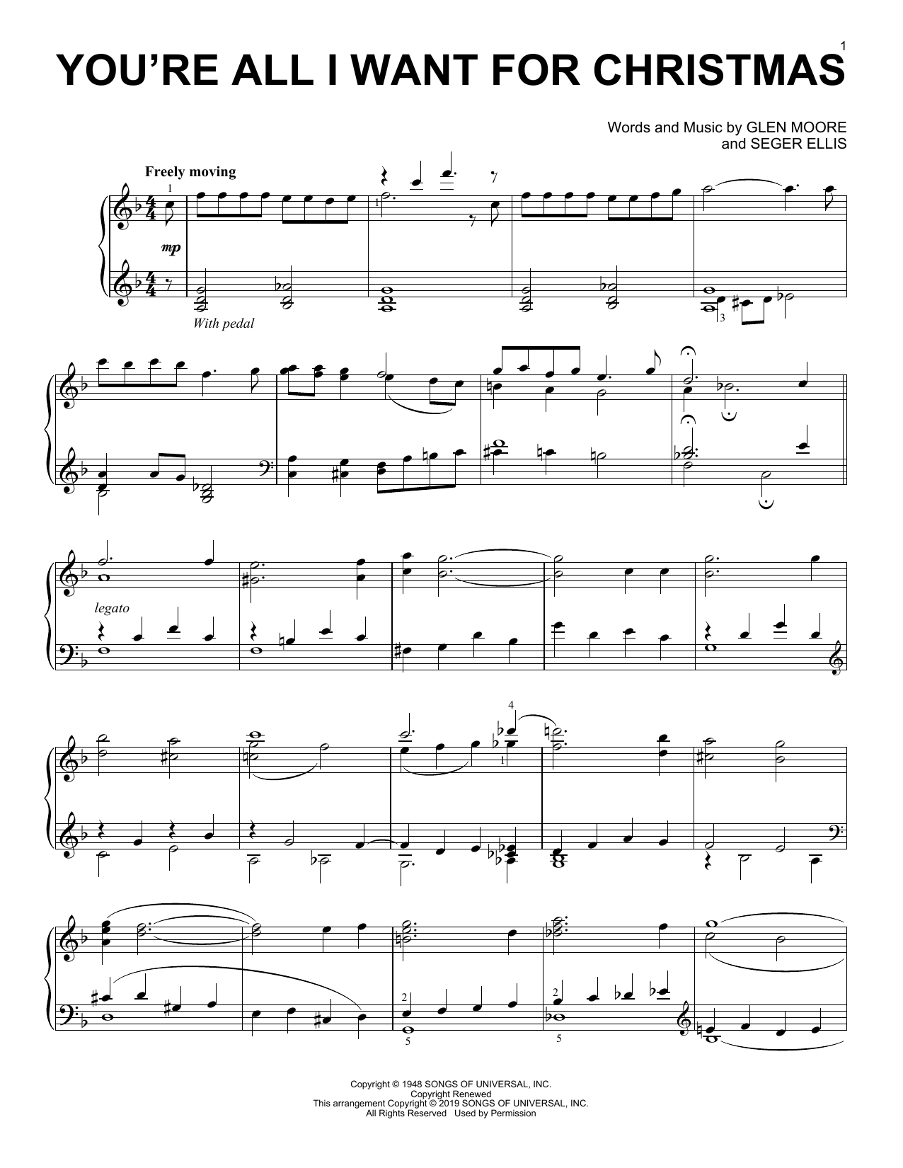 Glen Moore and Seger Ellis You're All I Want For Christmas Sheet Music Notes & Chords for Piano Solo - Download or Print PDF