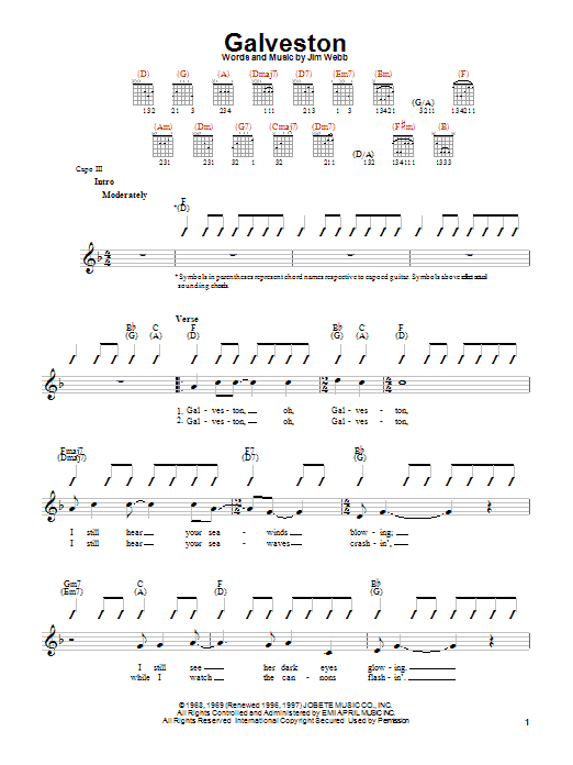 Preview Glen Campbell Galveston Country sheet music, notes and chords for Piano, Vocal & Guitar (Right-Hand Melody), SKU: 53644 Galveston sheet music