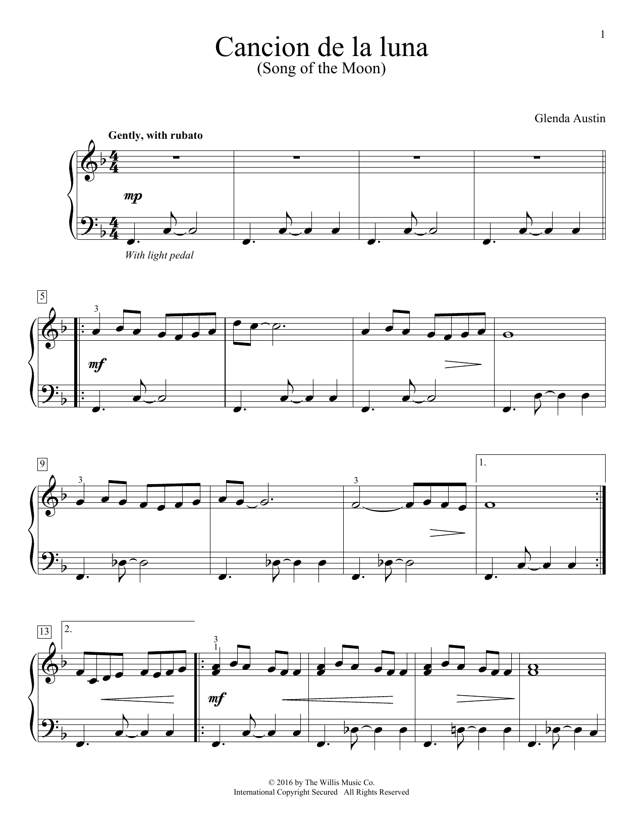 Glenda Austin Cancion De La Luna Sheet Music Notes & Chords for Piano - Download or Print PDF