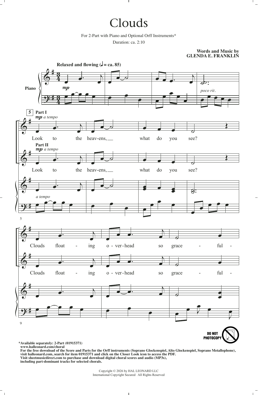 Glenda E. Franklin Clouds Sheet Music Notes & Chords for 2-Part Choir - Download or Print PDF
