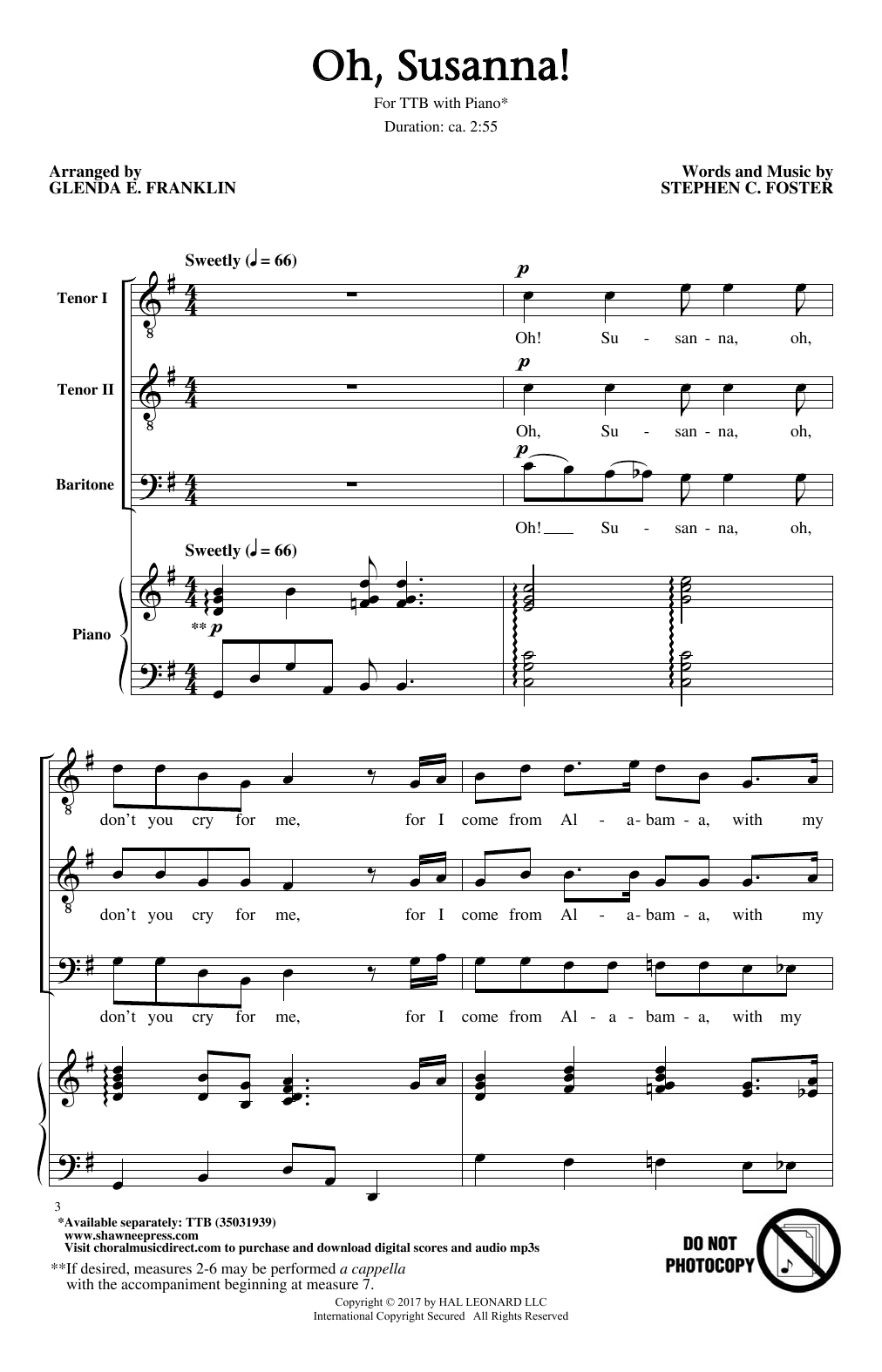 Glenda E. Franklin Oh, Susanna! Sheet Music Notes & Chords for TTBB - Download or Print PDF