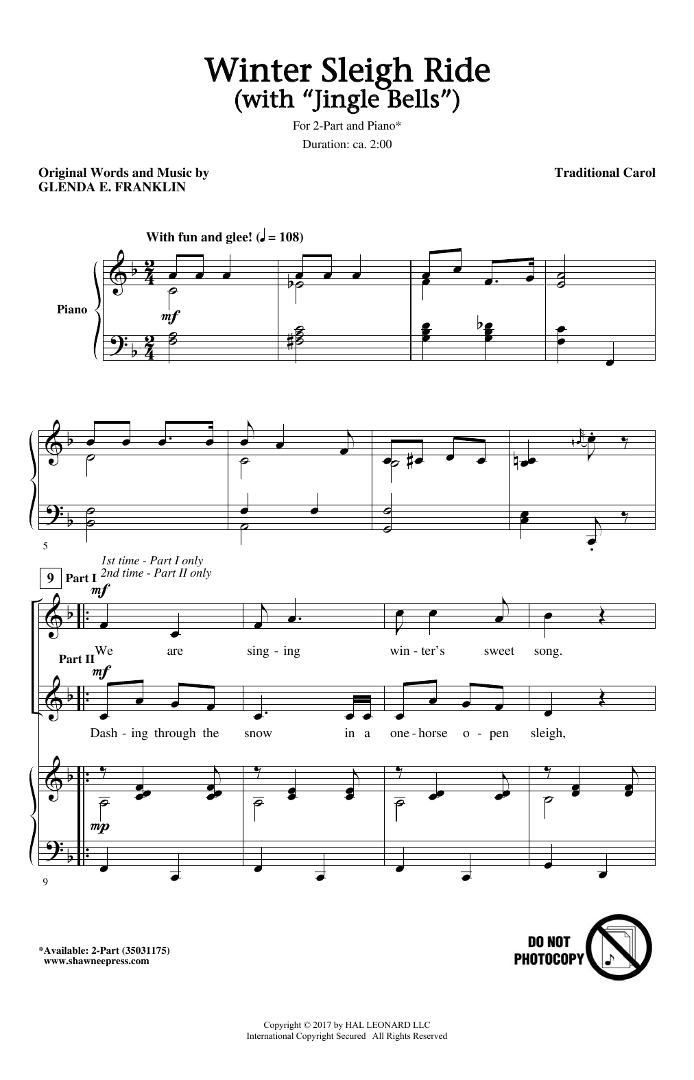 Glenda E. Franklin Winter Sleigh Ride (With Jingle Bells) Sheet Music Notes & Chords for 2-Part Choir - Download or Print PDF