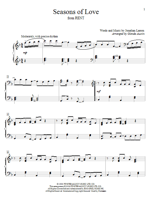 Glenda Austin Seasons Of Love From Rent Sheet Music Download Pdf Score 56227