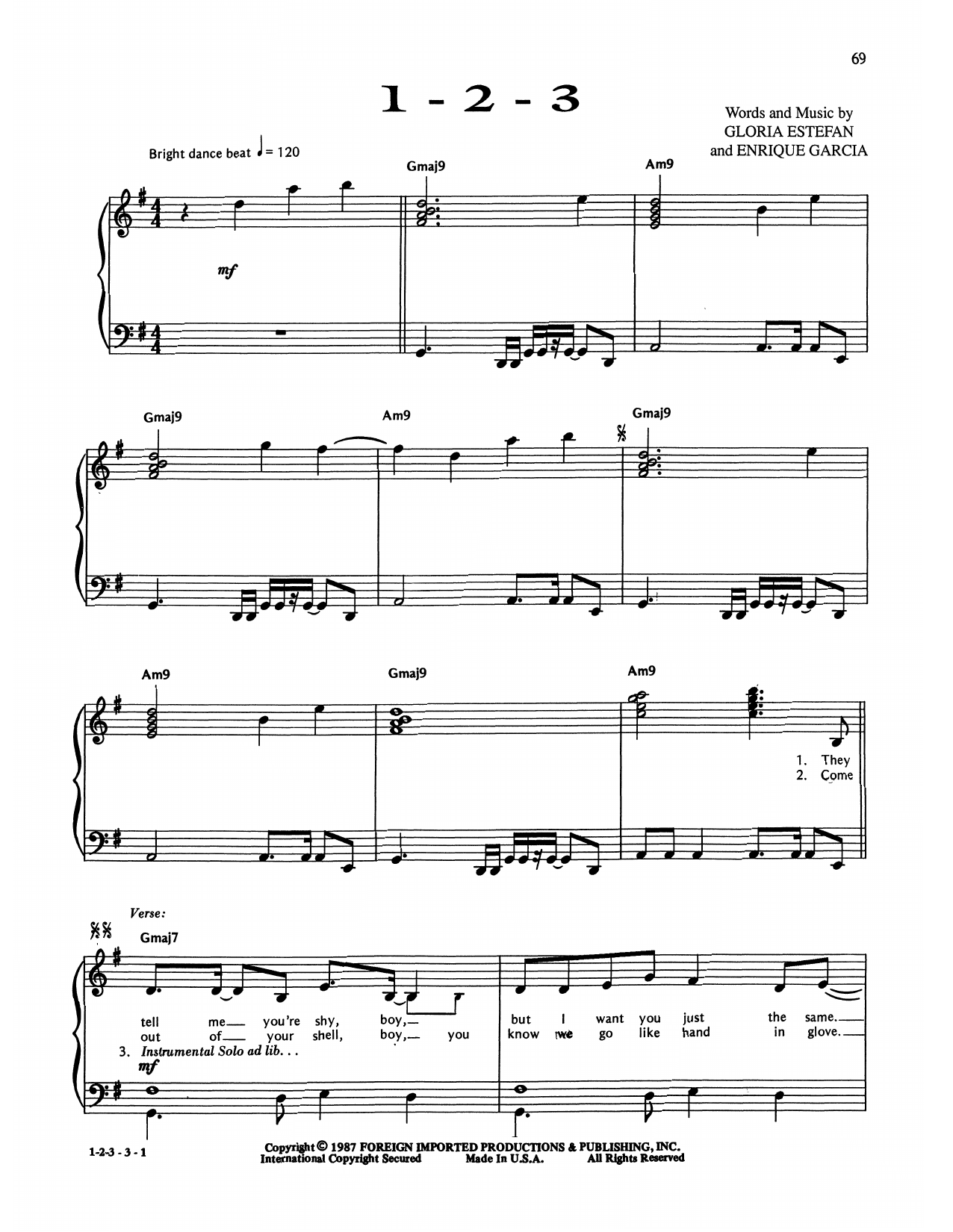 Gloria Estefan & Miami Sound Machine 1-2-3 Sheet Music Notes & Chords for Piano, Vocal & Guitar (Right-Hand Melody) - Download or Print PDF