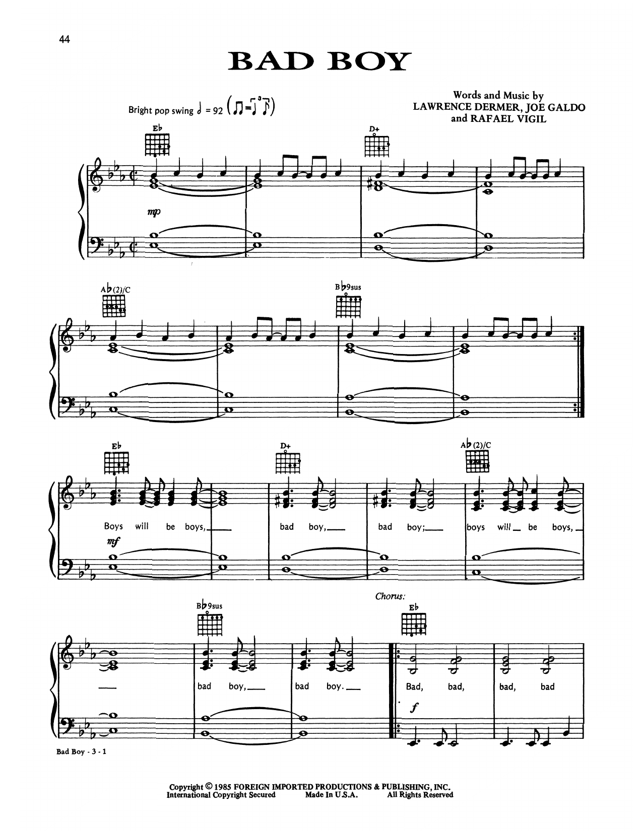 Gloria Estefan & Miami Sound Machine Bad Boy Sheet Music Notes & Chords for Piano, Vocal & Guitar (Right-Hand Melody) - Download or Print PDF