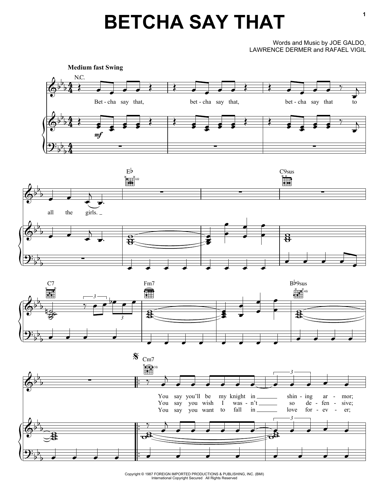 Gloria Estefan & Miami Sound Machine Betcha Say That Sheet Music Notes & Chords for Piano, Vocal & Guitar (Right-Hand Melody) - Download or Print PDF