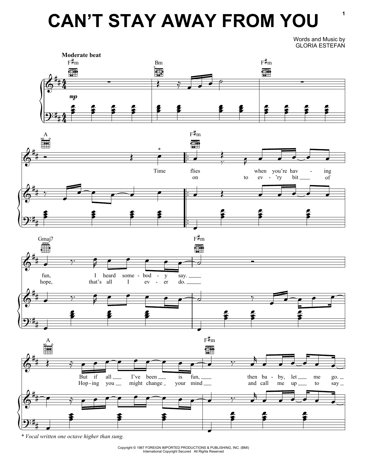 Gloria Estefan & Miami Sound Machine Can't Stay Away From You Sheet Music Notes & Chords for Piano, Vocal & Guitar (Right-Hand Melody) - Download or Print PDF