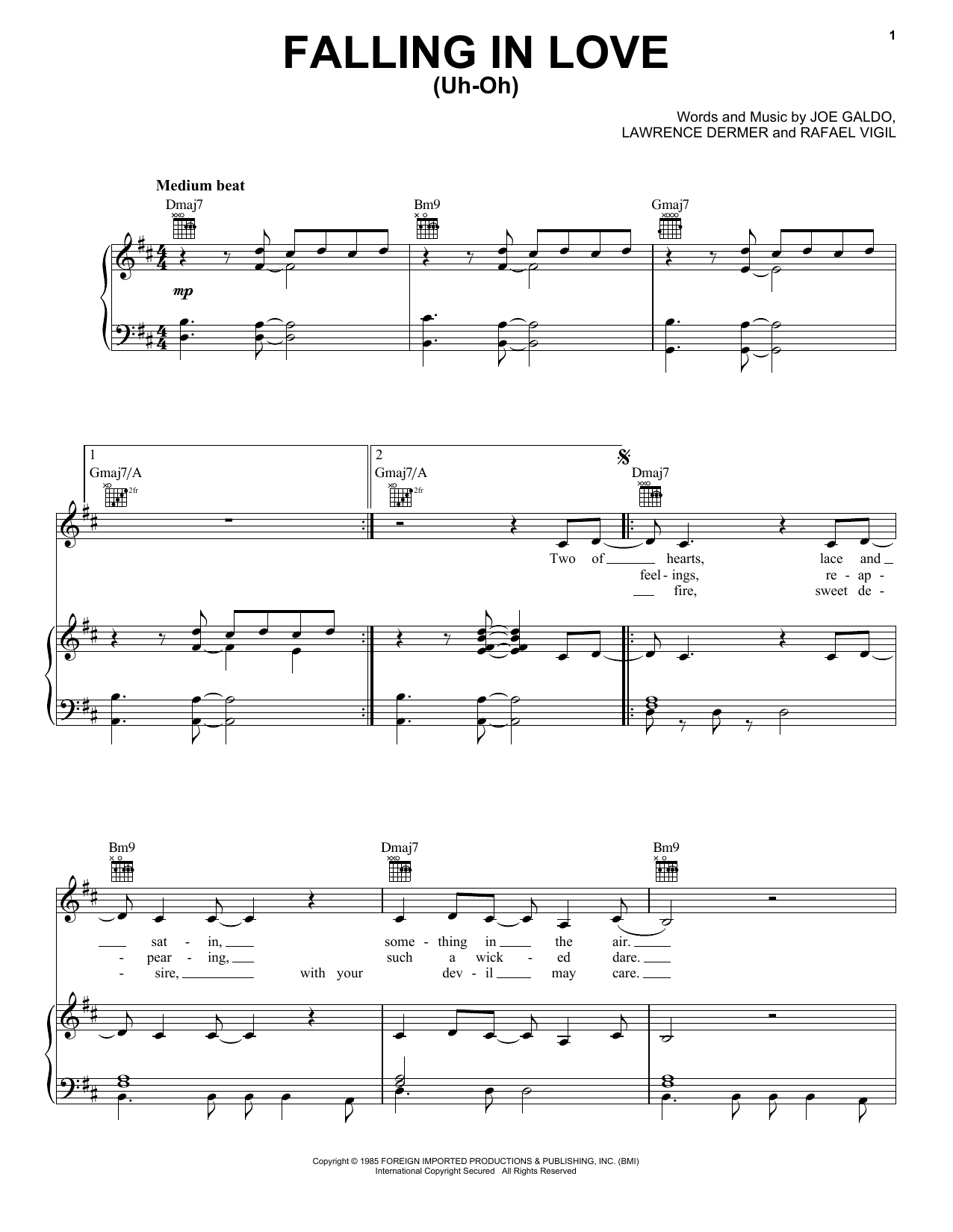 Gloria Estefan & Miami Sound Machine Falling In Love (Uh-Oh) Sheet Music Notes & Chords for Piano, Vocal & Guitar (Right-Hand Melody) - Download or Print PDF