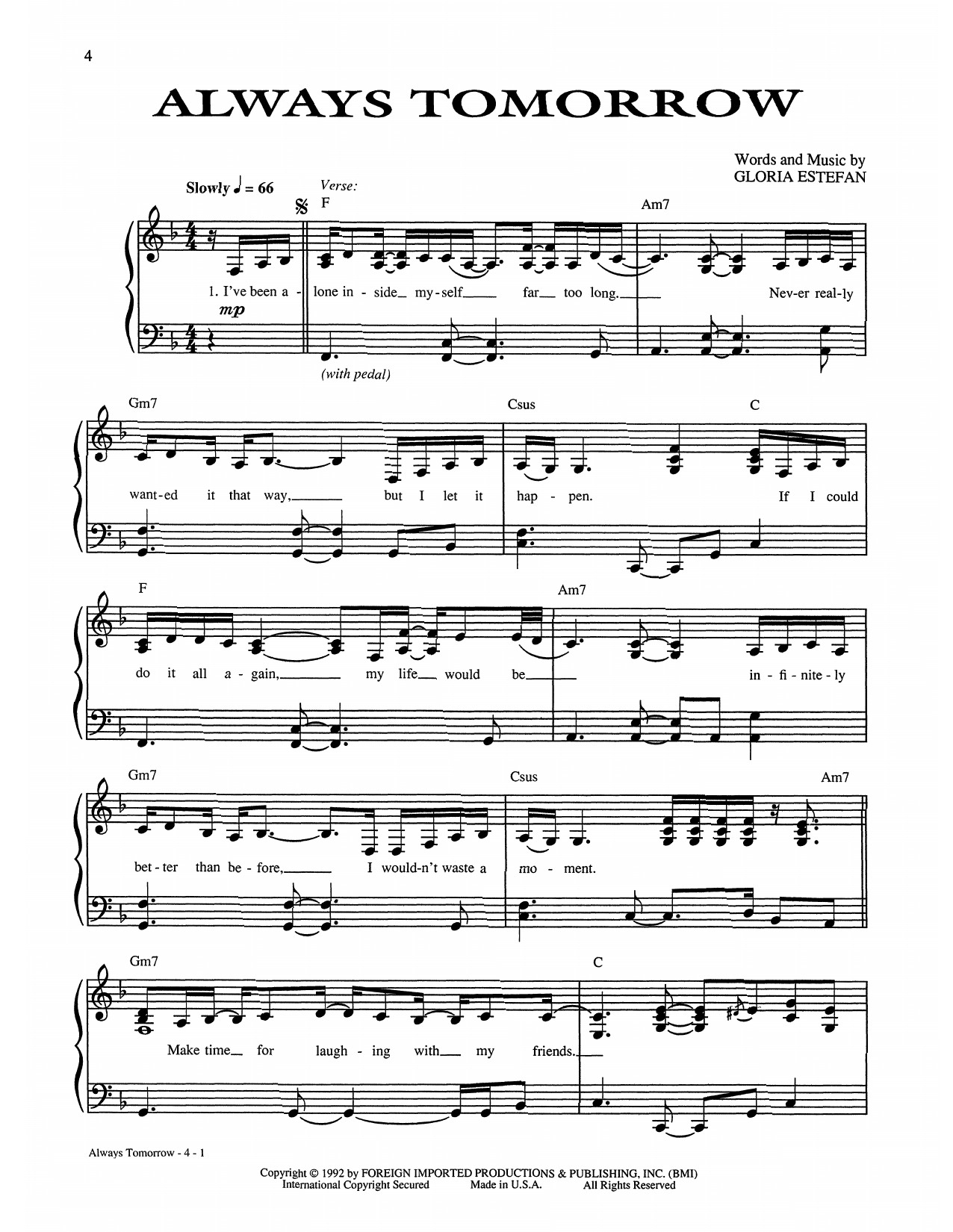 Gloria Estefan Always Tomorrow Sheet Music Notes & Chords for Piano, Vocal & Guitar (Right-Hand Melody) - Download or Print PDF