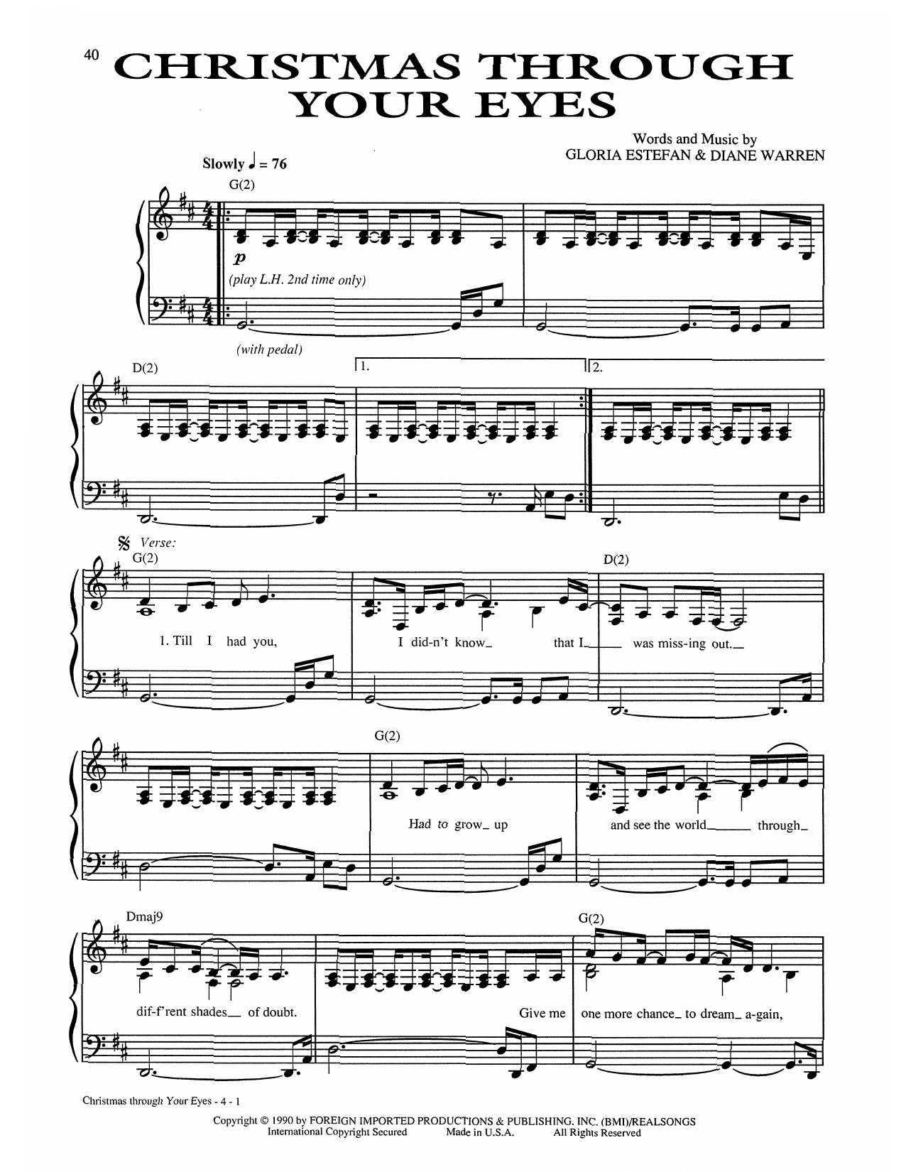 Gloria Estefan Christmas Through Your Eyes Sheet Music Notes & Chords for Piano, Vocal & Guitar (Right-Hand Melody) - Download or Print PDF
