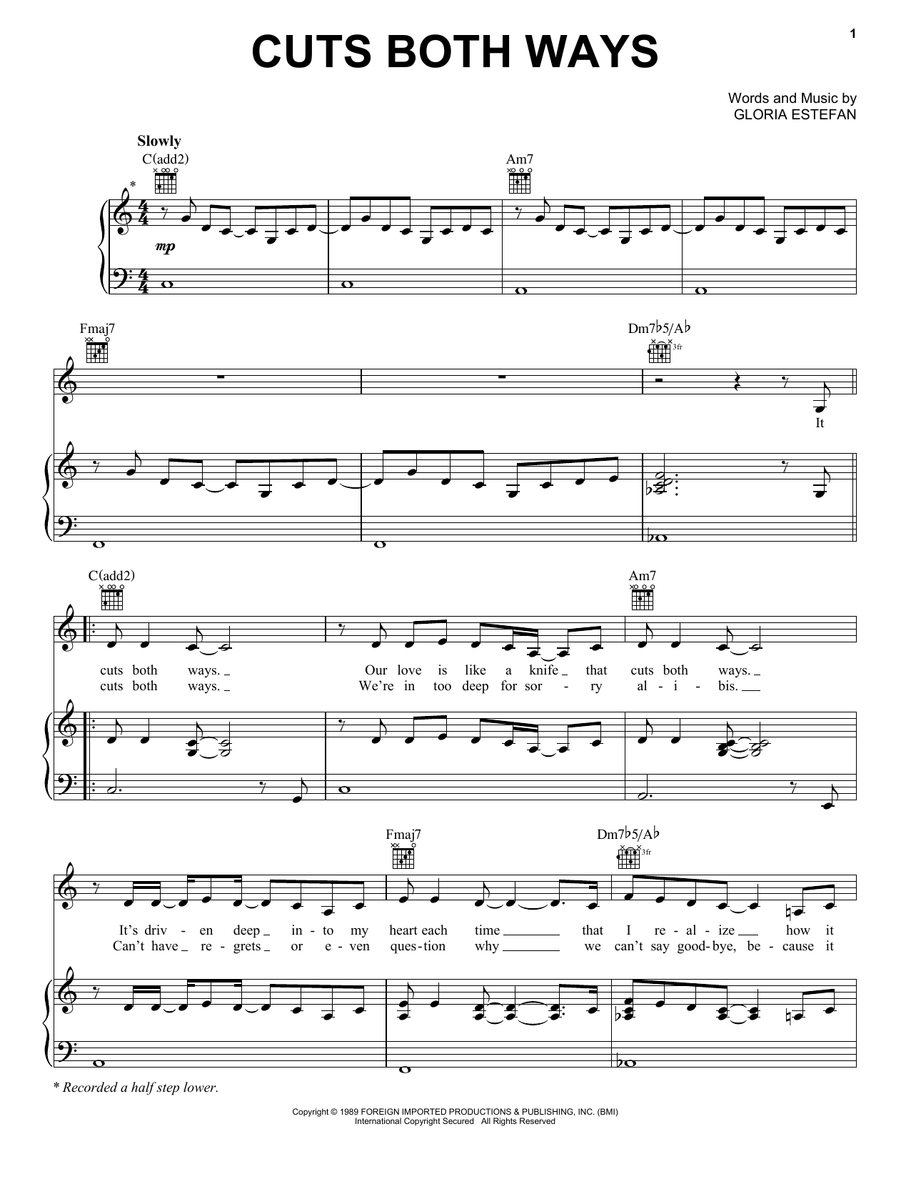 Gloria Estefan Cuts Both Ways Sheet Music Notes & Chords for Piano, Vocal & Guitar (Right-Hand Melody) - Download or Print PDF