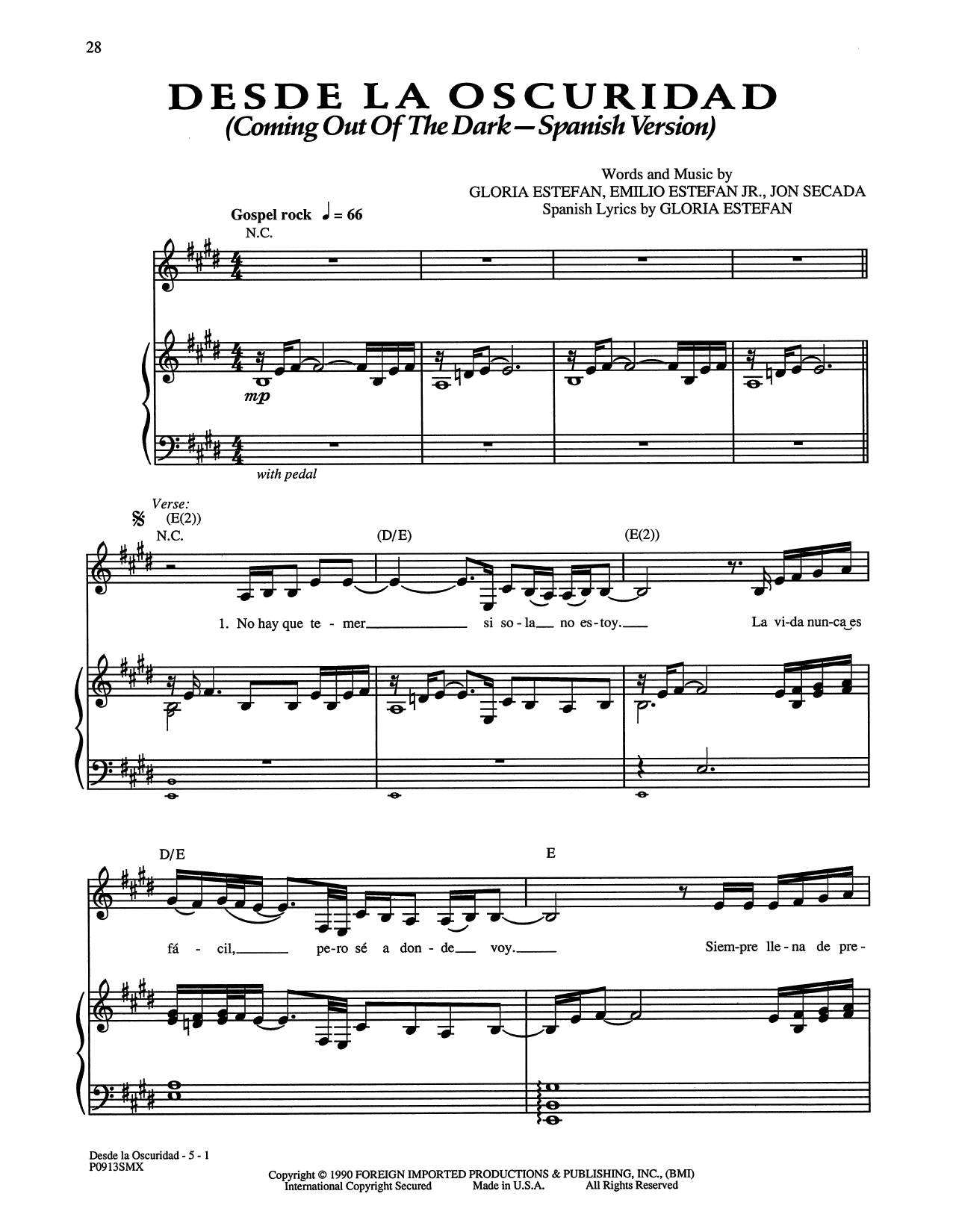 Gloria Estefan Desde La Oscuridad - (Coming Out of the Dark) [Spanish Version] Sheet Music Notes & Chords for Piano, Vocal & Guitar (Right-Hand Melody) - Download or Print PDF