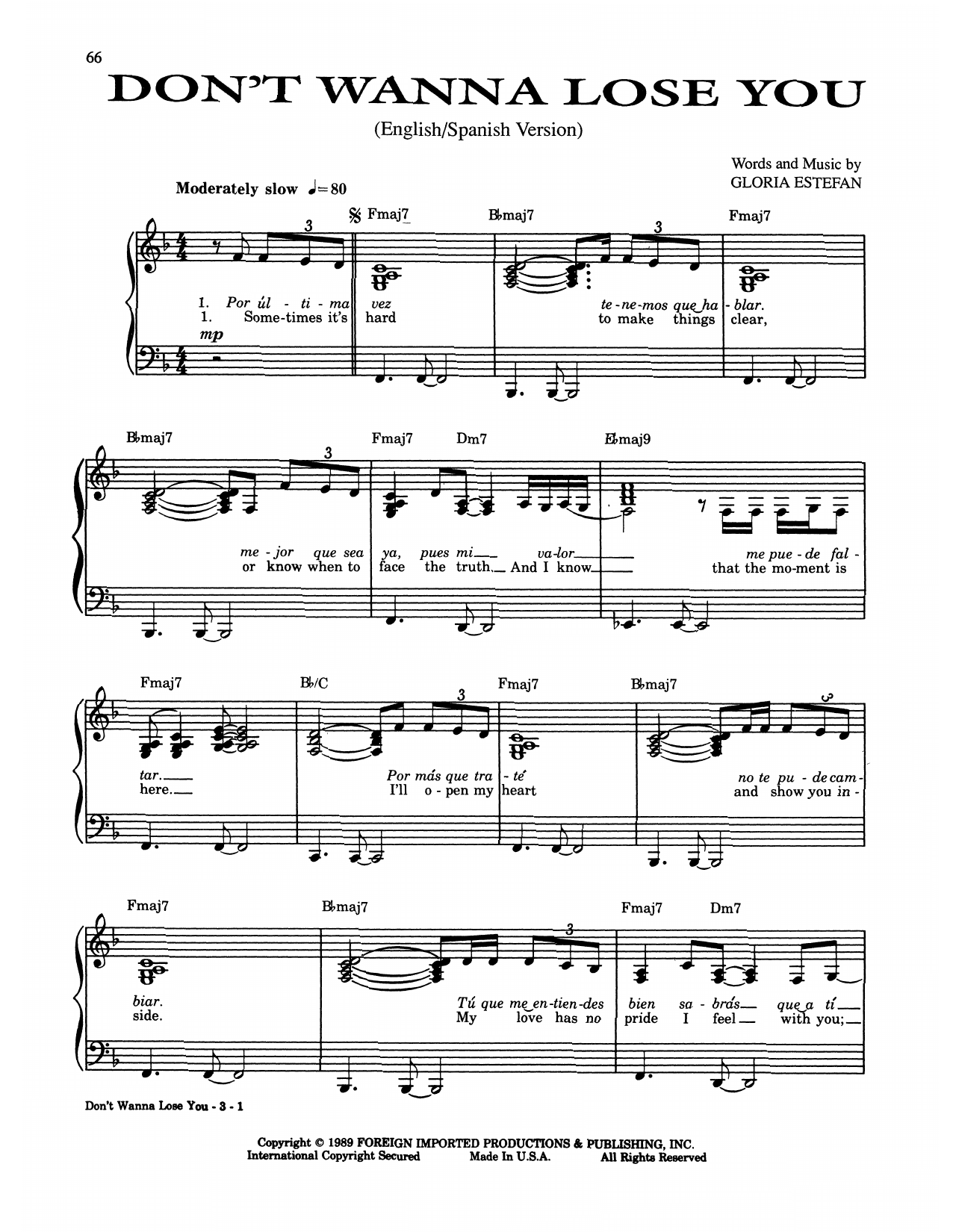 Gloria Estefan Don't Wanna Lose You Sheet Music Notes & Chords for Piano, Vocal & Guitar (Right-Hand Melody) - Download or Print PDF