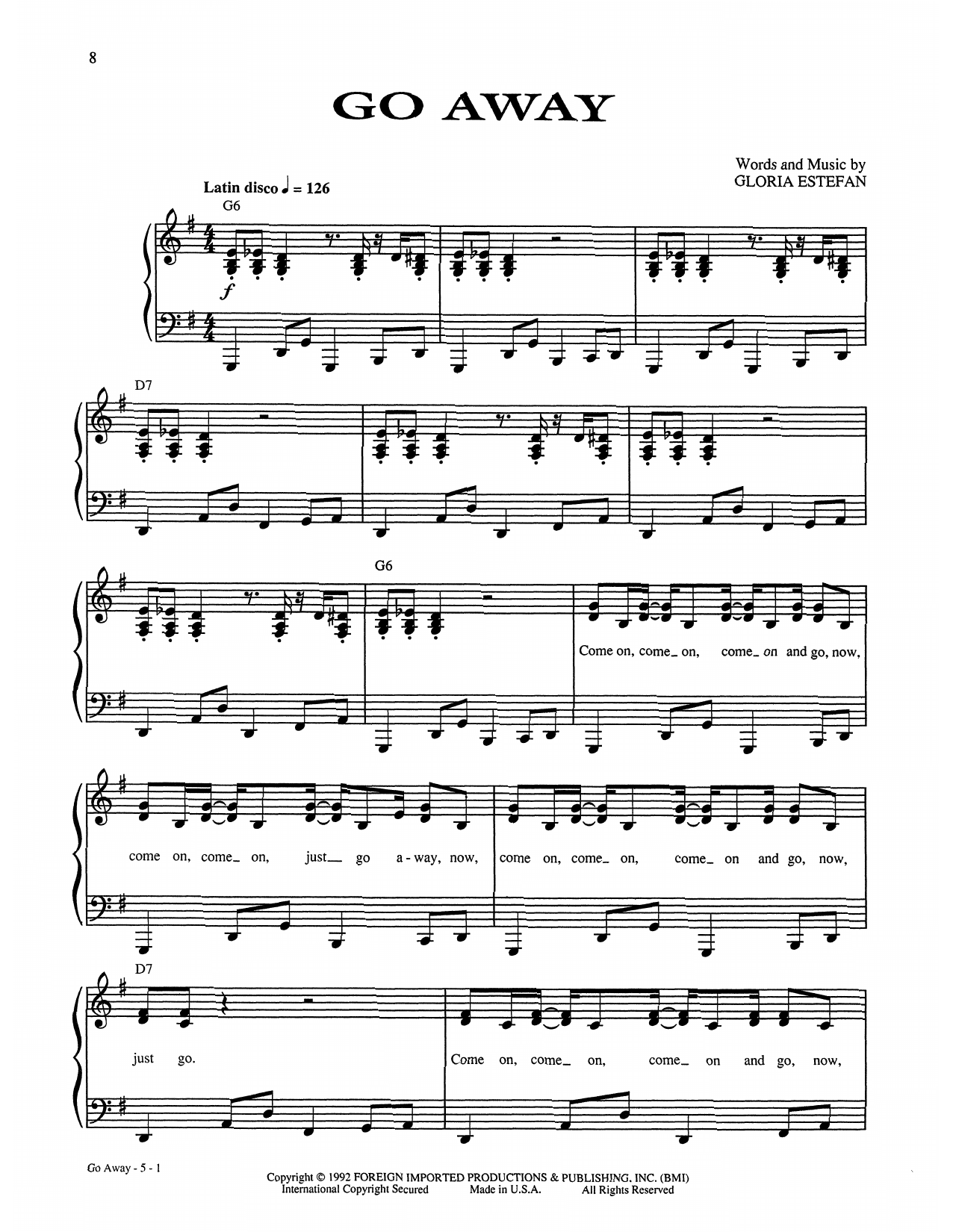 Gloria Estefan Go Away Sheet Music Notes & Chords for Piano, Vocal & Guitar (Right-Hand Melody) - Download or Print PDF