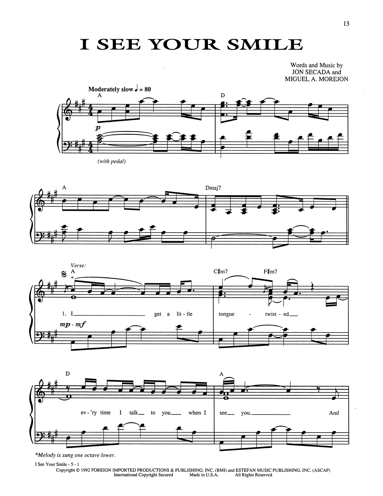 Gloria Estefan I See Your Smile Sheet Music Notes & Chords for Piano, Vocal & Guitar (Right-Hand Melody) - Download or Print PDF