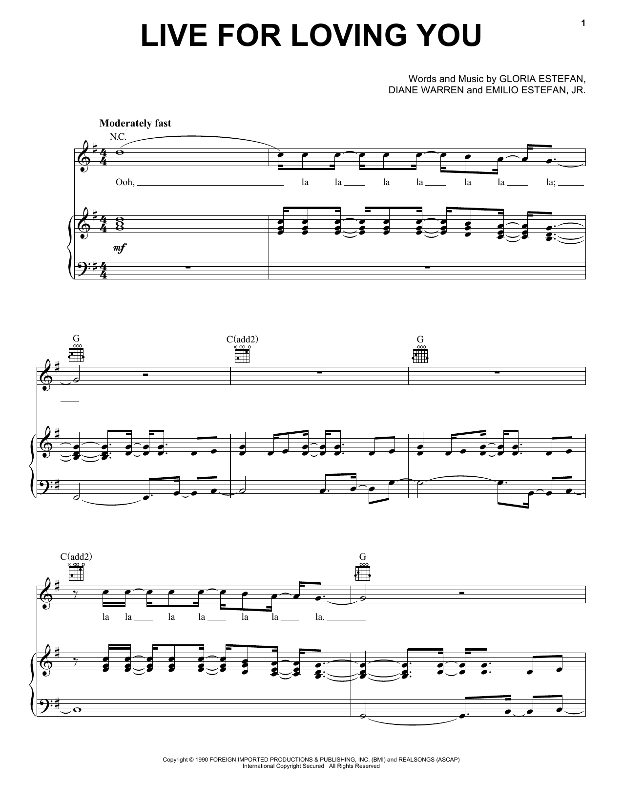 Gloria Estefan Live For Loving You Sheet Music Notes & Chords for Piano, Vocal & Guitar (Right-Hand Melody) - Download or Print PDF