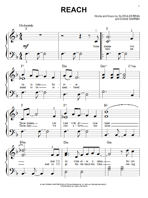 Gloria Estefan Reach Sheet Music Notes & Chords for Easy Piano - Download or Print PDF