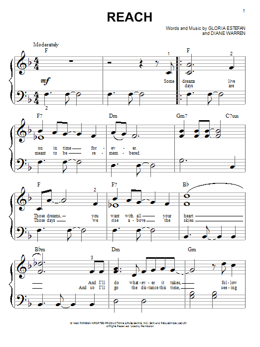 Gloria Estefan Reach Sheet Music Notes & Chords for Piano (Big Notes) - Download or Print PDF