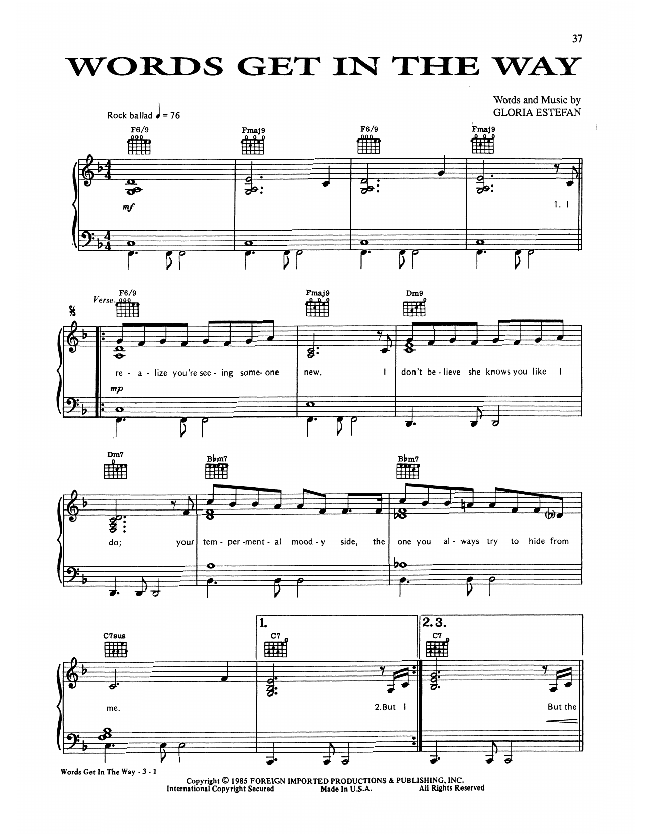Gloria Estefan Words Get In The Way Sheet Music Notes & Chords for Piano, Vocal & Guitar (Right-Hand Melody) - Download or Print PDF