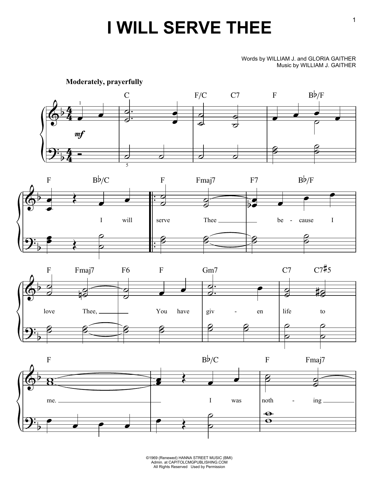 Gloria Gaither I Will Serve Thee Sheet Music Notes & Chords for Easy Piano - Download or Print PDF