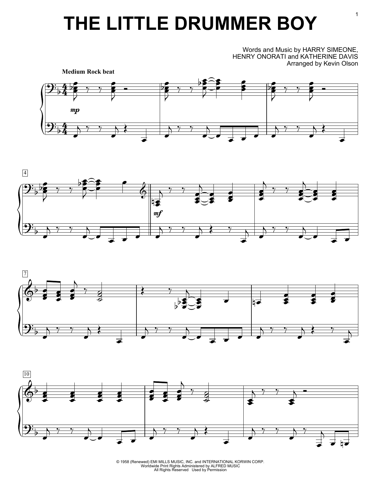 Gloria Gaynor The Little Drummer Boy (arr. Kevin Olson) Sheet Music Notes & Chords for Easy Piano Solo - Download or Print PDF