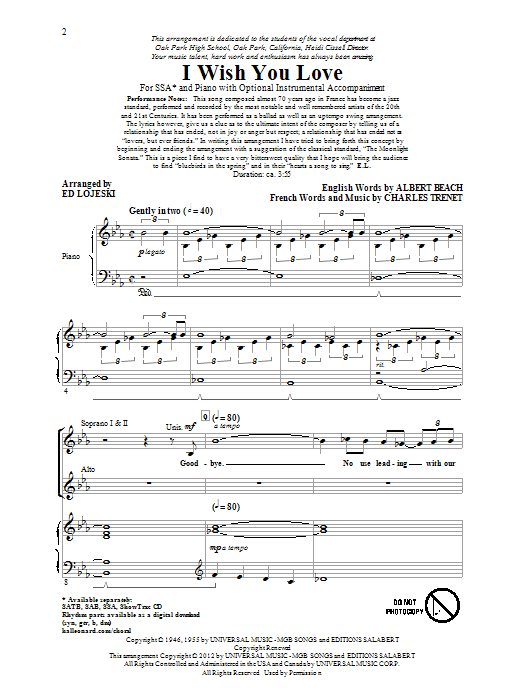 Gloria Lynne I Wish You Love (arr. Ed Lojeski) Sheet Music Notes & Chords for SAB - Download or Print PDF
