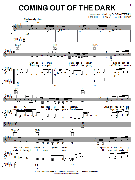 Preview Gloria Estefan Coming Out Of The Dark Pop sheet music, notes and chords for Piano, Vocal & Guitar (Right-Hand Melody), SKU: 76766 Coming Out Of The Dark sheet music
