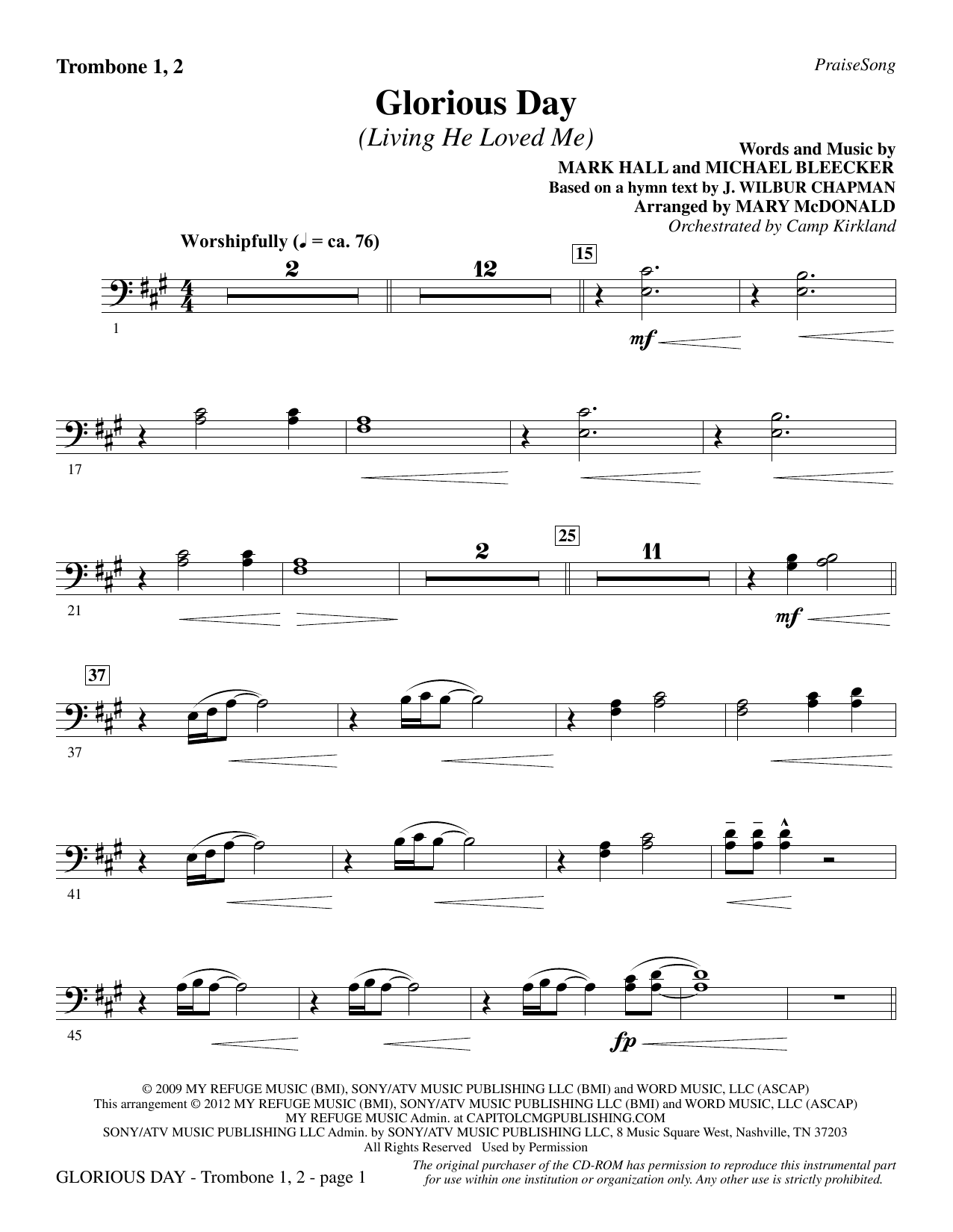 Casting Crowns Glorious Day Living He Loved Me Arr Mary Mcdonald Trombone 1 2 Sheet Music Download Pdf Score