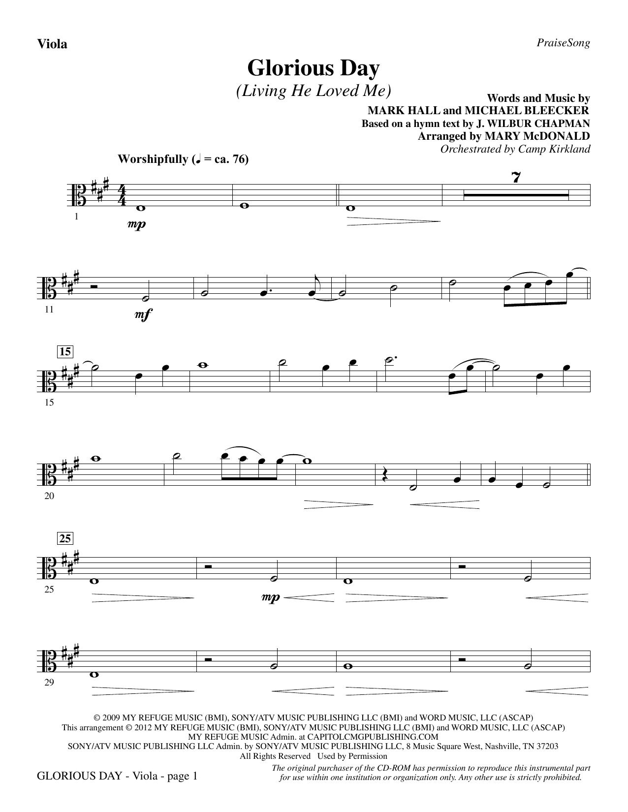 Casting Crowns Glorious Day Living He Loved Me Arr Mary Mcdonald Viola Sheet Music Download Pdf Score 307472