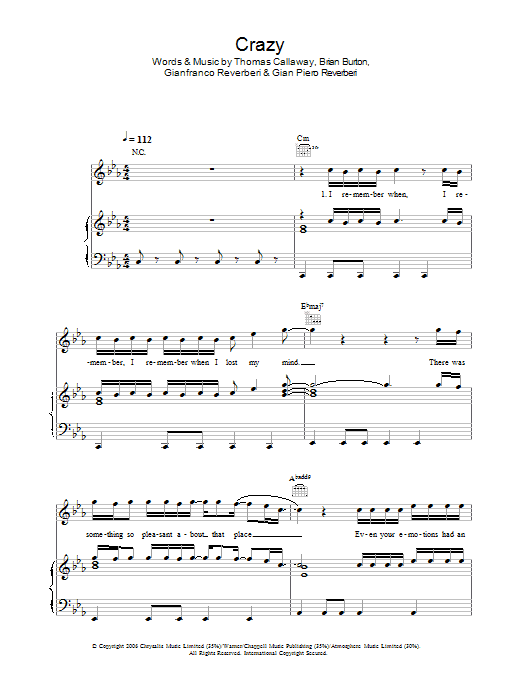 Gnarls Barkley Crazy Sheet Music Notes & Chords for Lyrics & Piano Chords - Download or Print PDF
