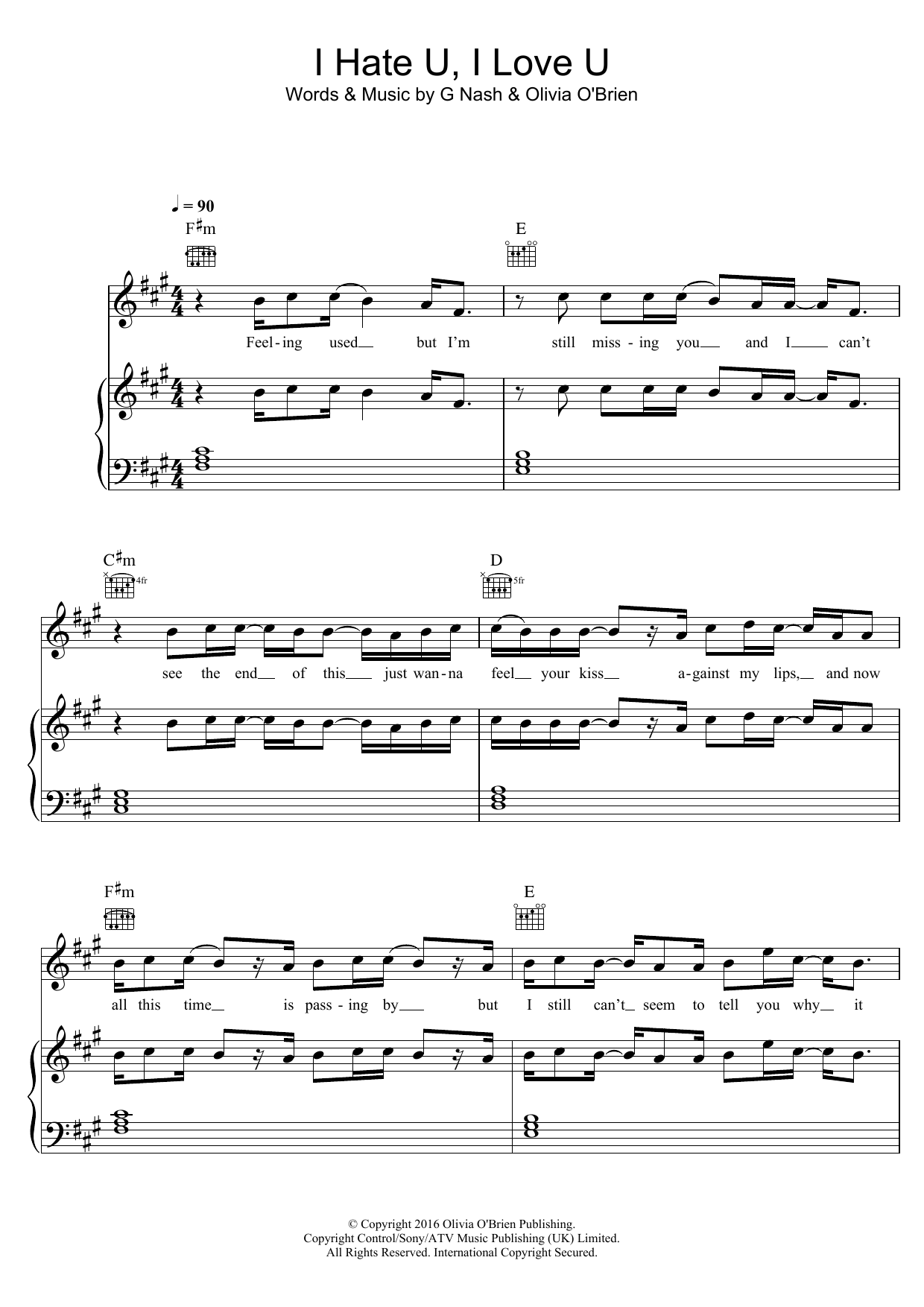 Gnash I Hate U, I Love U (featuring Olivia O'Brien) Sheet Music Notes & Chords for Piano, Vocal & Guitar (Right-Hand Melody) - Download or Print PDF