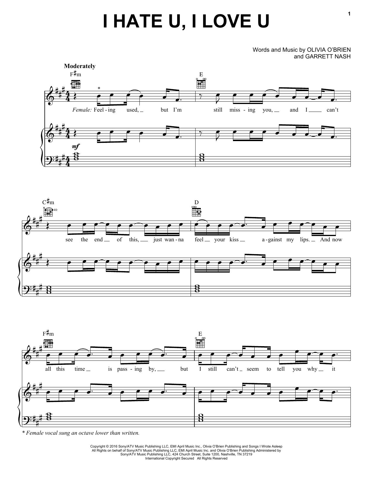 gnash I Hate U, I Love U (feat. Olivia O'Brien) Sheet Music Notes & Chords for Easy Piano - Download or Print PDF