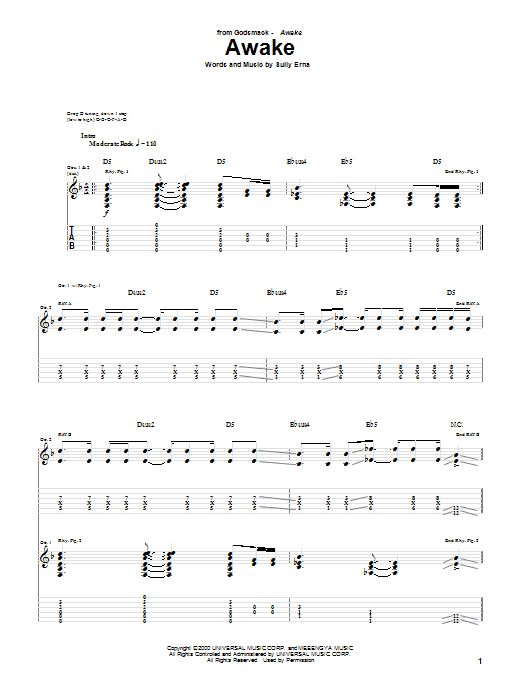 Godsmack Awake Sheet Music Notes & Chords for Lyrics & Chords - Download or Print PDF