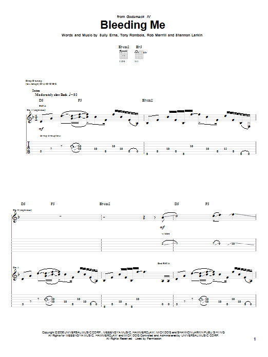 Godsmack Bleeding Me Sheet Music Notes & Chords for Guitar Tab - Download or Print PDF