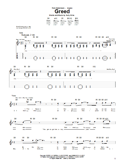 Godsmack Greed Sheet Music Notes & Chords for Guitar Tab - Download or Print PDF