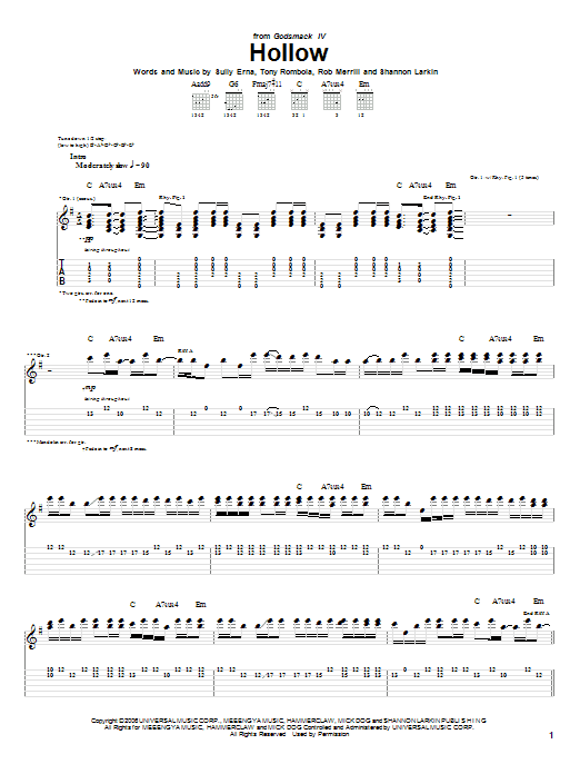 Godsmack Hollow Sheet Music Notes & Chords for Guitar Tab - Download or Print PDF