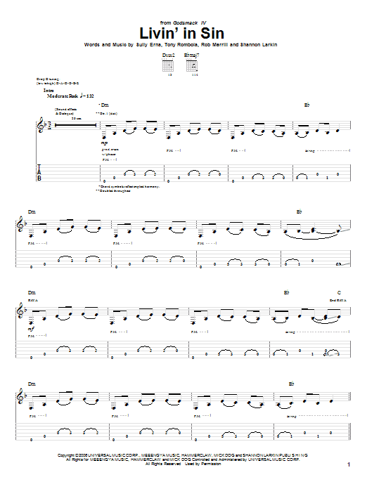 Godsmack Livin' In Sin Sheet Music Notes & Chords for Guitar Tab - Download or Print PDF