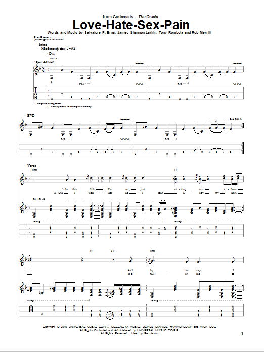 Godsmack Love-Hate-Sex-Pain Sheet Music Notes & Chords for Guitar Tab - Download or Print PDF