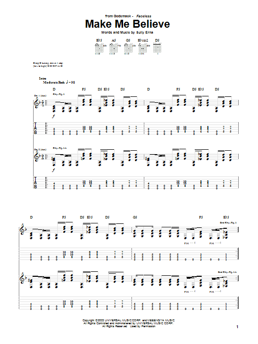 Godsmack Make Me Believe Sheet Music Notes & Chords for Guitar Tab - Download or Print PDF