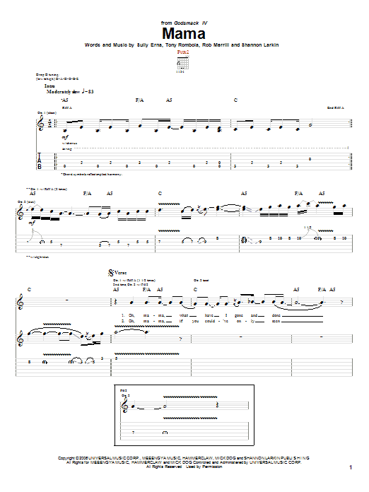 Godsmack Mama Sheet Music Notes & Chords for Guitar Tab - Download or Print PDF