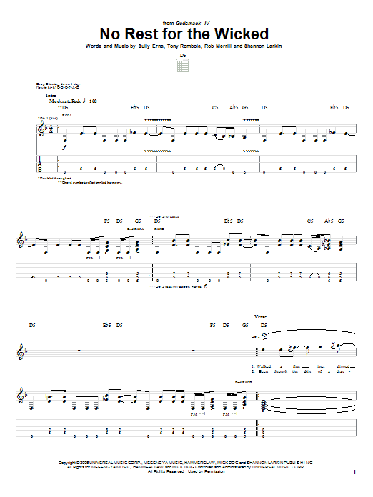 Godsmack No Rest For The Wicked Sheet Music Notes & Chords for Guitar Tab - Download or Print PDF
