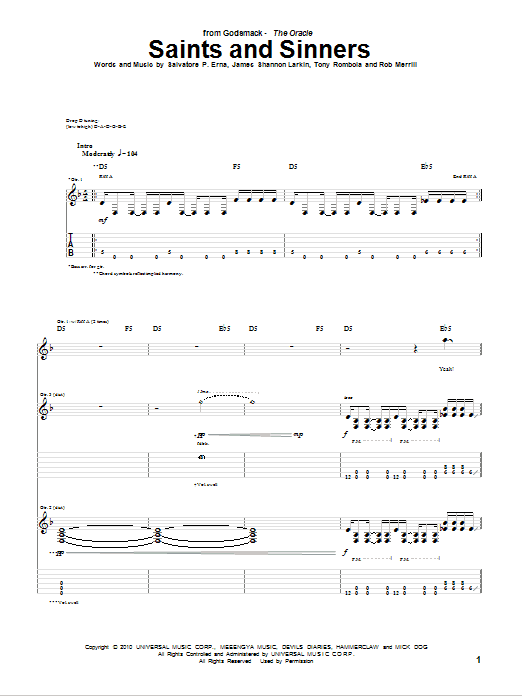 Godsmack Saints And Sinners Sheet Music Notes & Chords for Guitar Tab - Download or Print PDF