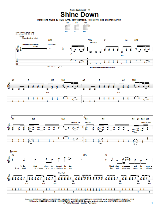 Godsmack Shine Down Sheet Music Notes & Chords for Guitar Tab - Download or Print PDF