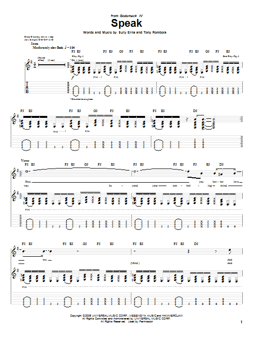 Godsmack Speak Sheet Music Notes & Chords for Guitar Tab - Download or Print PDF