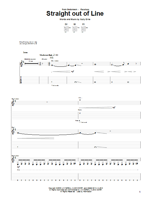 Godsmack Straight Out Of Line Sheet Music Notes & Chords for Guitar Tab Play-Along - Download or Print PDF